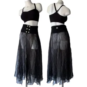French Biche de Bère vintage tiered sheer crinkled black maxi skirt - OS