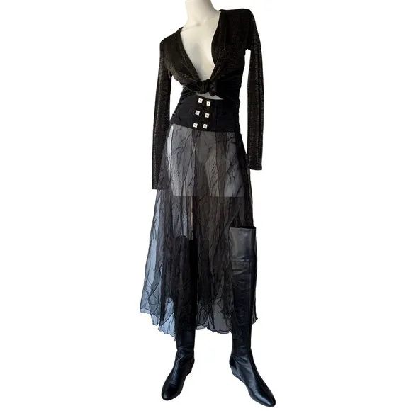 French Biche de Bère vintage tiered sheer crinkled black maxi skirt - OS