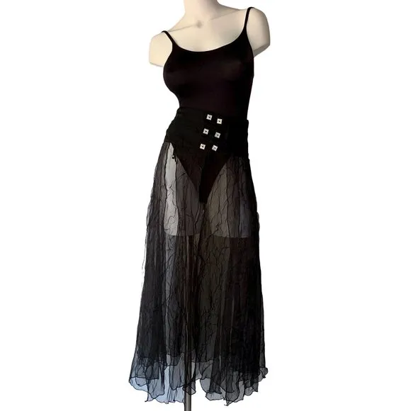 French Biche de Bère vintage tiered sheer crinkled black maxi skirt - OS