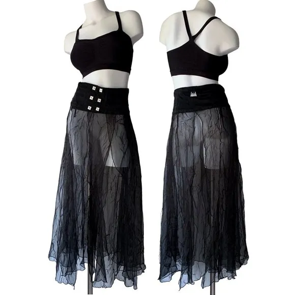 French Biche de Bère vintage tiered sheer crinkled black maxi skirt - OS