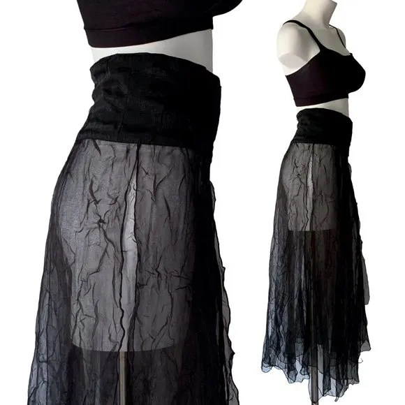 French Biche de Bère vintage tiered sheer crinkled black maxi skirt - OS