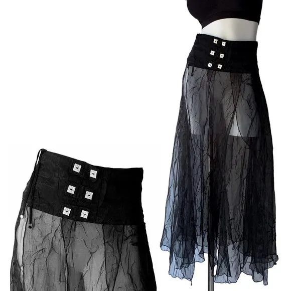 French Biche de Bère vintage tiered sheer crinkled black maxi skirt - OS