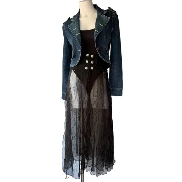 French Biche de Bère vintage tiered sheer crinkled black maxi skirt - OS