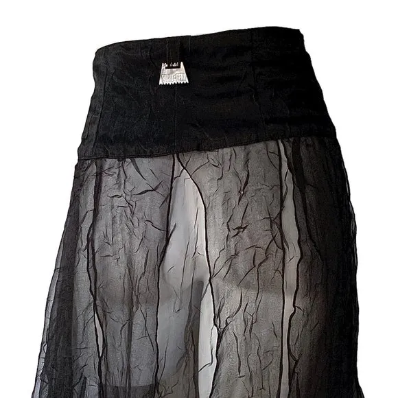 French Biche de Bère vintage tiered sheer crinkled black maxi skirt - OS