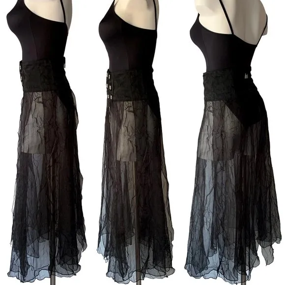 French Biche de Bère vintage tiered sheer crinkled black maxi skirt - OS