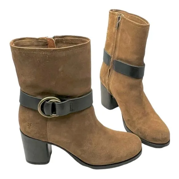 Frye Addie Harness Mid Chestnut Italian Leather Womens Boots Brass Hardware 7B