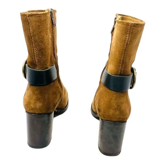 Frye Addie Harness Mid Chestnut Italian Leather Womens Boots Brass Hardware 7B