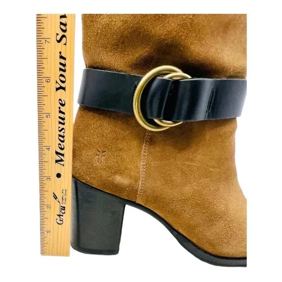 Frye Addie Harness Mid Chestnut Italian Leather Womens Boots Brass Hardware 7B