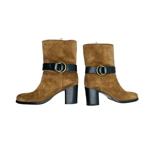 Frye Addie Harness Mid Chestnut Italian Leather Womens Boots Brass Hardware 7B