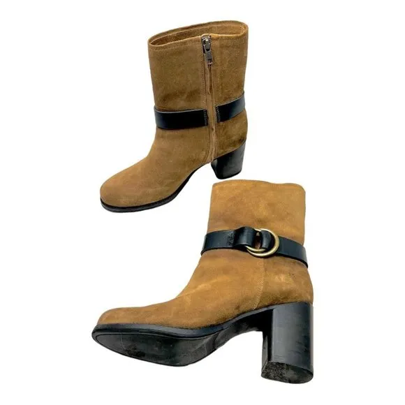 Frye Addie Harness Mid Chestnut Italian Leather Womens Boots Brass Hardware 7B