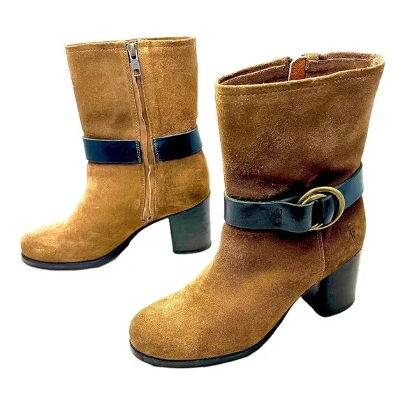 Frye Addie Harness Mid Chestnut Italian Leather Womens Boots Brass Hardware 7B