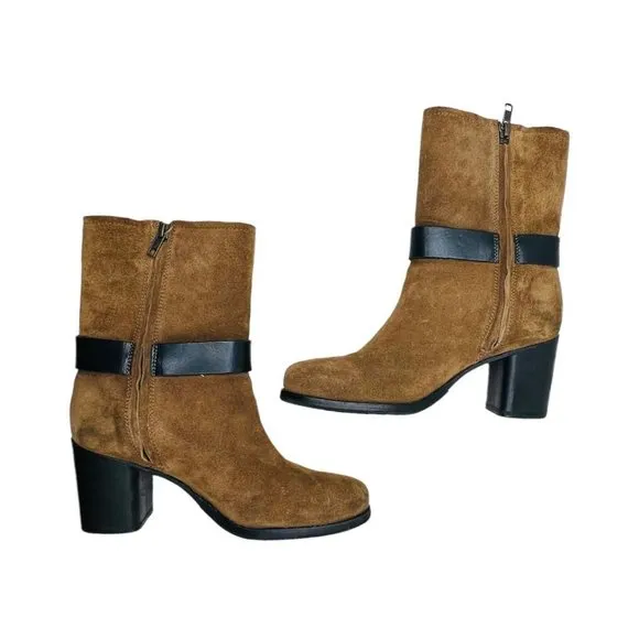 Frye Addie Harness Mid Chestnut Italian Leather Womens Boots Brass Hardware 7B