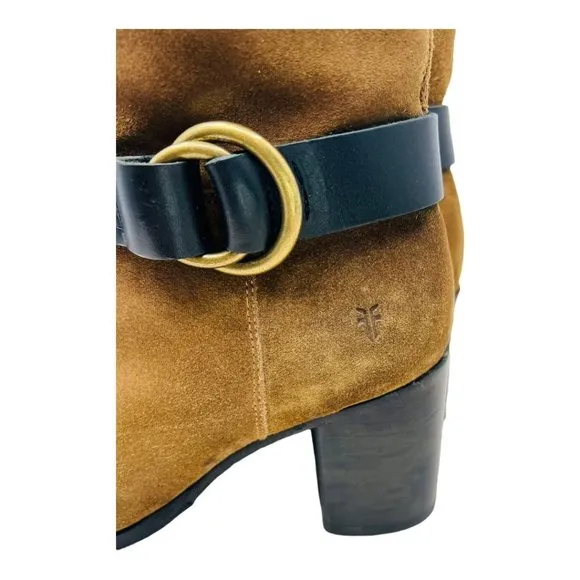 Frye Addie Harness Mid Chestnut Italian Leather Womens Boots Brass Hardware 7B