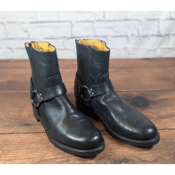 Frye Black Leather Moto Boots Harness Back Zip Ankle Boots Mens 6.5M
