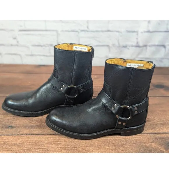 Frye Black Leather Moto Boots Harness Back Zip Ankle Boots Mens 6.5M