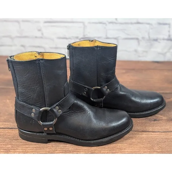 Frye Black Leather Moto Boots Harness Back Zip Ankle Boots Mens 6.5M