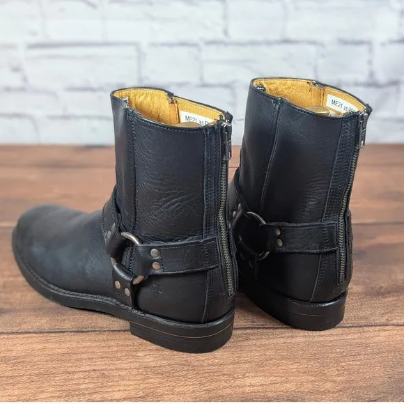 Frye Black Leather Moto Boots Harness Back Zip Ankle Boots Mens 6.5M