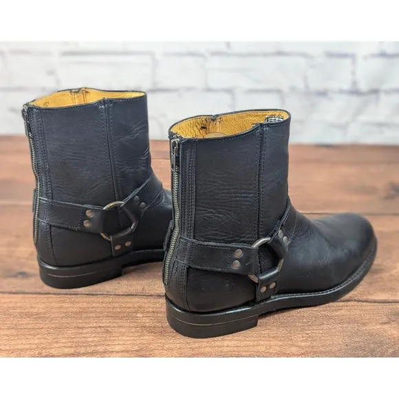 Frye Black Leather Moto Boots Harness Back Zip Ankle Boots Mens 6.5M