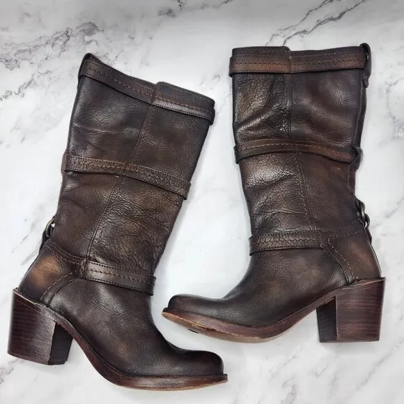 Frye Carmen 3 Strap Tall Western Cowboy Boots Brown Leather Women's 6