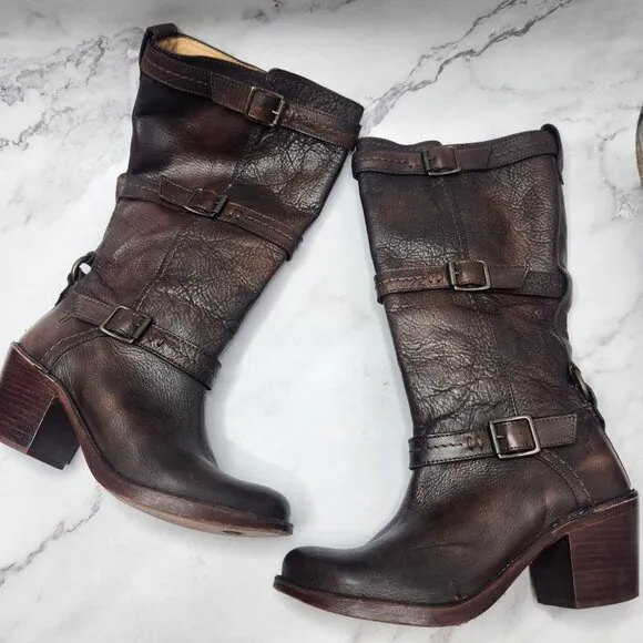 Frye Carmen 3 Strap Tall Western Cowboy Boots Brown Leather Women's 6