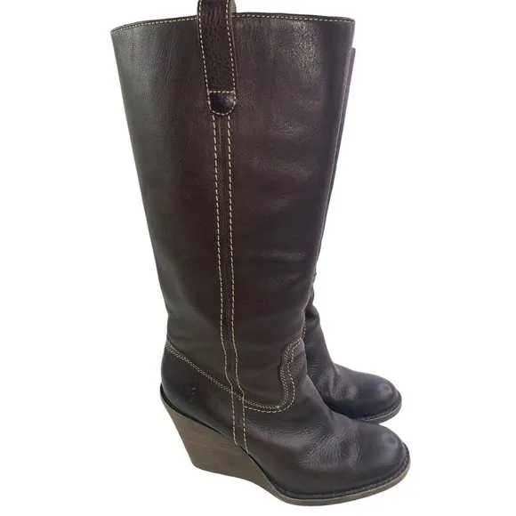 Frye Caroline Campus Tall Brown Leather High Wedge Heel Fashion Boots Size 7.5M