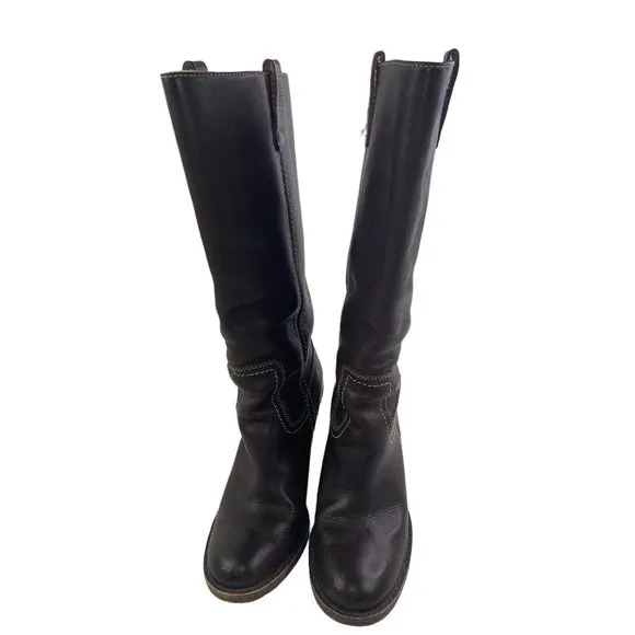 Frye Caroline Campus Tall Brown Leather High Wedge Heel Fashion Boots Size 7.5M