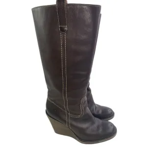 Frye Caroline Campus Tall Brown Leather High Wedge Heel Fashion Boots Size 7.5M