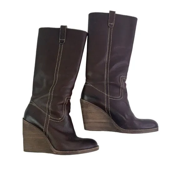 Frye Caroline Campus Tall Brown Leather High Wedge Heel Fashion Boots Size 7.5M