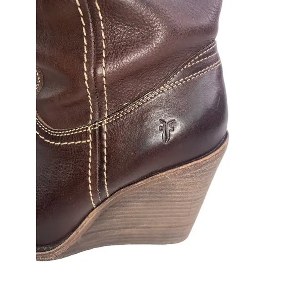 Frye Caroline Campus Tall Brown Leather High Wedge Heel Fashion Boots Size 7.5M