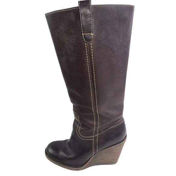 Frye Caroline Campus Tall Brown Leather High Wedge Heel Fashion Boots Size 7.5M