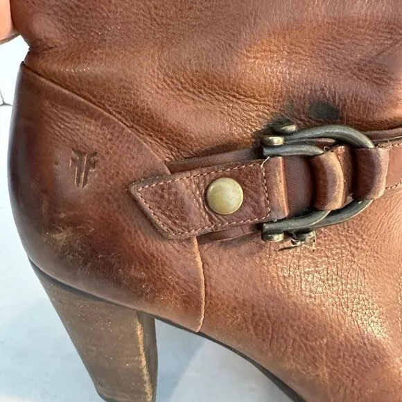 Frye Catherine 10 DBL Leather Mid-Calf Boots Size 8M Brown Buckle Detail Pull On
