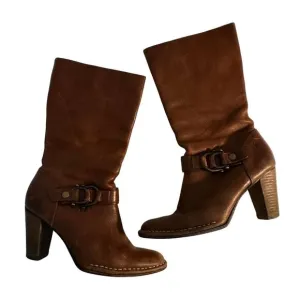 Frye Catherine 10 DBL Leather Mid-Calf Boots Size 8M Brown Buckle Detail Pull On