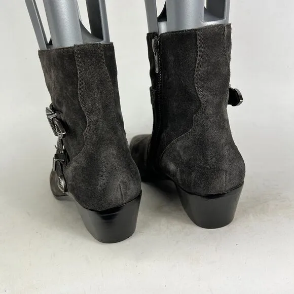 Frye Ellen Ankle Bootie Women 9 Grey Leather Block Heel Buckle Strap 3478027-GIO
