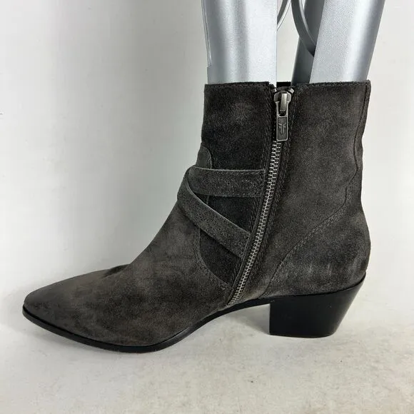Frye Ellen Ankle Bootie Women 9 Grey Leather Block Heel Buckle Strap 3478027-GIO
