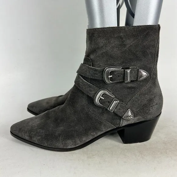 Frye Ellen Ankle Bootie Women 9 Grey Leather Block Heel Buckle Strap 3478027-GIO