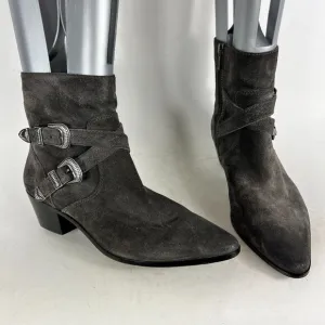 Frye Ellen Ankle Bootie Women 9 Grey Leather Block Heel Buckle Strap 3478027-GIO