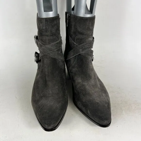 Frye Ellen Ankle Bootie Women 9 Grey Leather Block Heel Buckle Strap 3478027-GIO