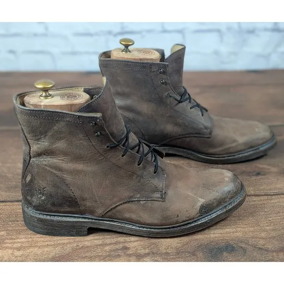 Frye Leather Boots Distressed Lace Up Ankle Casual Brown Mens Size 12 D
