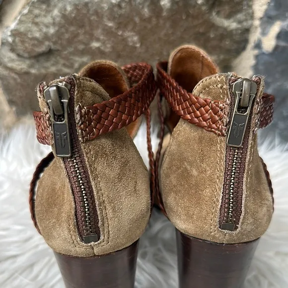 Frye ‘Margaret’ Braided Strap Shootie Ankle Boots in Tan Suede Size 5.5