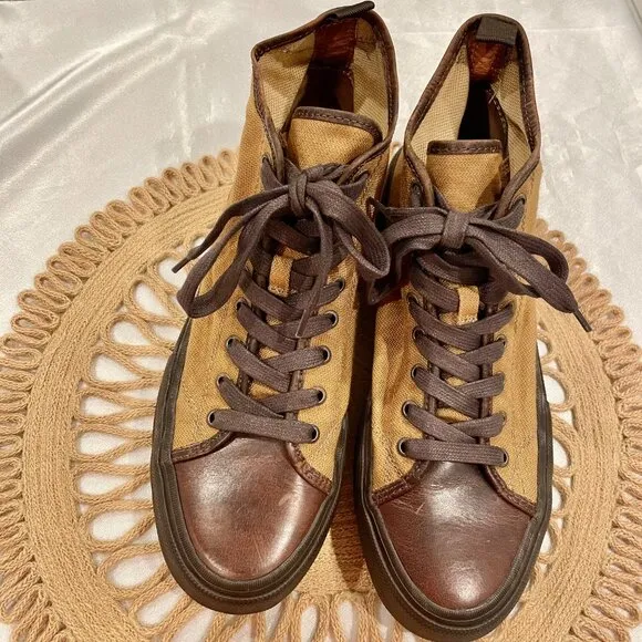 Frye Ryan Lug Midlace 81112 Mens Tan Brown Canvas Lace Up Casual Dress Boots 11