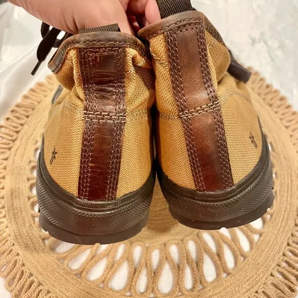 Frye Ryan Lug Midlace 81112 Mens Tan Brown Canvas Lace Up Casual Dress Boots 11