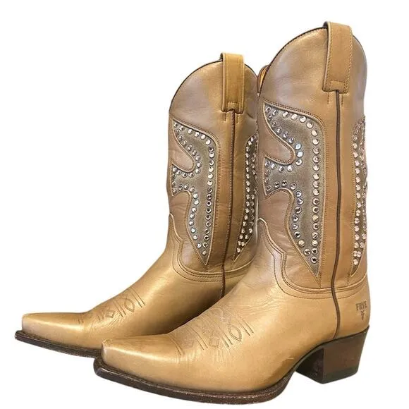 Frye Vintage Tan Gold Leather Pointed Toe Daisy Duke Cowgirl Boots Size 7