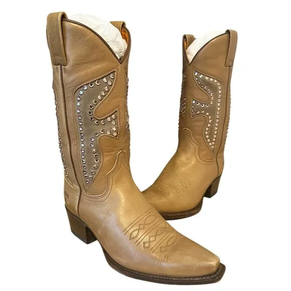 Frye Vintage Tan Gold Leather Pointed Toe Daisy Duke Cowgirl Boots Size 7