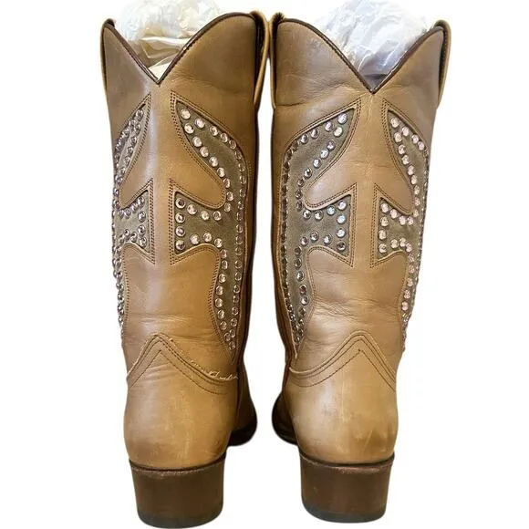 Frye Vintage Tan Gold Leather Pointed Toe Daisy Duke Cowgirl Boots Size 7