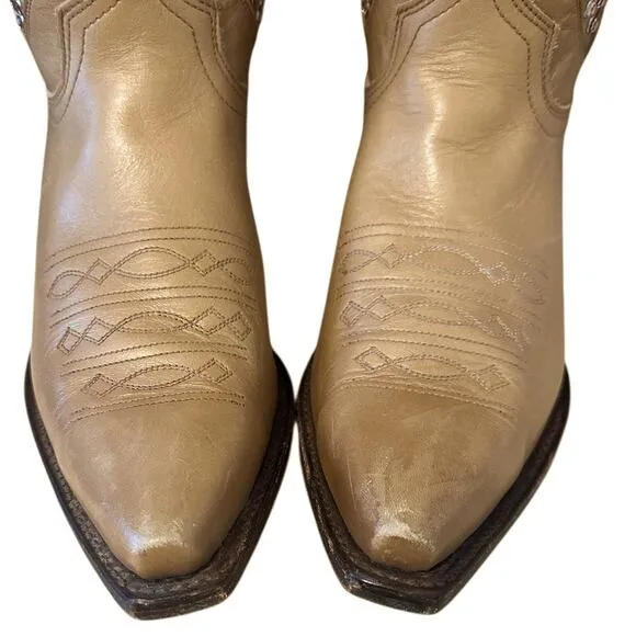 Frye Vintage Tan Gold Leather Pointed Toe Daisy Duke Cowgirl Boots Size 7