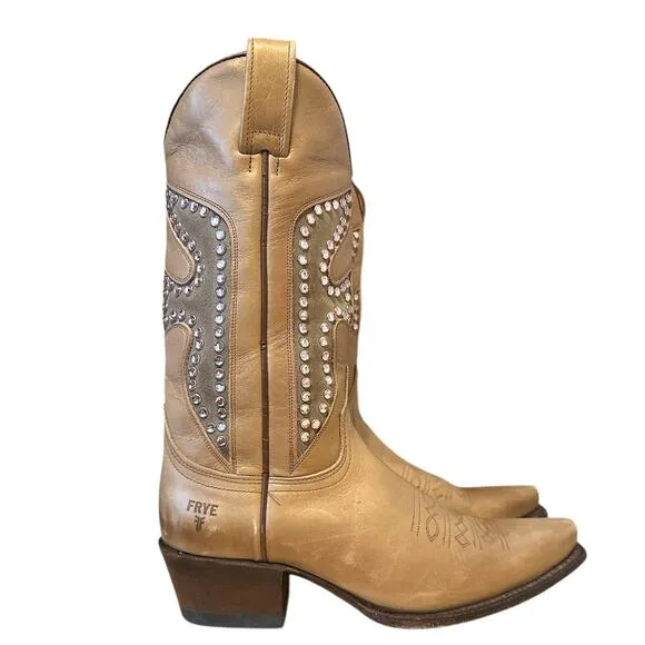 Frye Vintage Tan Gold Leather Pointed Toe Daisy Duke Cowgirl Boots Size 7
