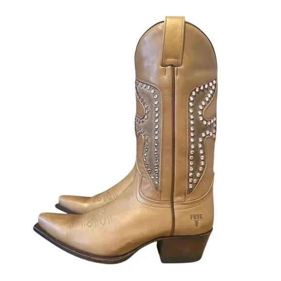 Frye Vintage Tan Gold Leather Pointed Toe Daisy Duke Cowgirl Boots Size 7