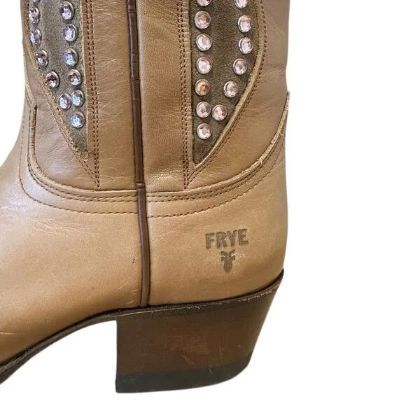 Frye Vintage Tan Gold Leather Pointed Toe Daisy Duke Cowgirl Boots Size 7