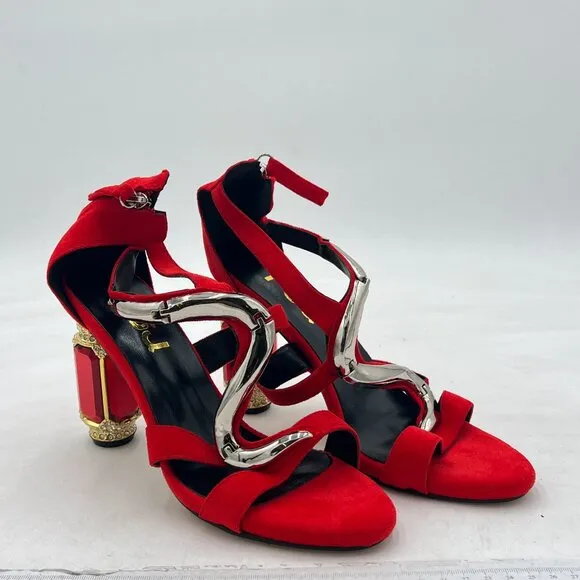 FSJ Red Open Toe Stylish Sandal Ankle Strap Crystal Heels Wedding Party Shoes