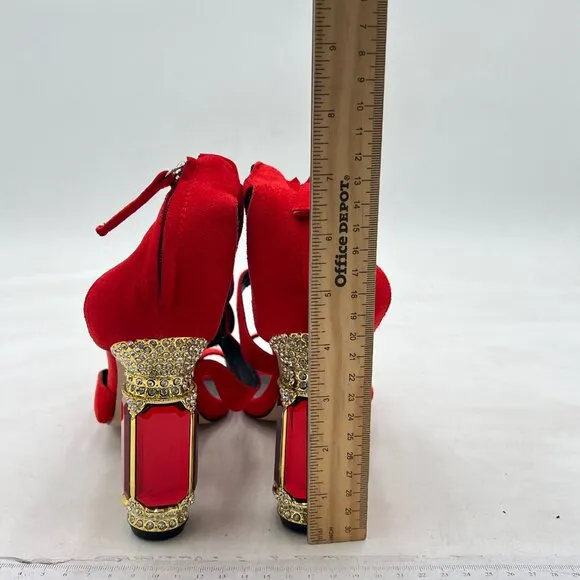 FSJ Red Open Toe Stylish Sandal Ankle Strap Crystal Heels Wedding Party Shoes